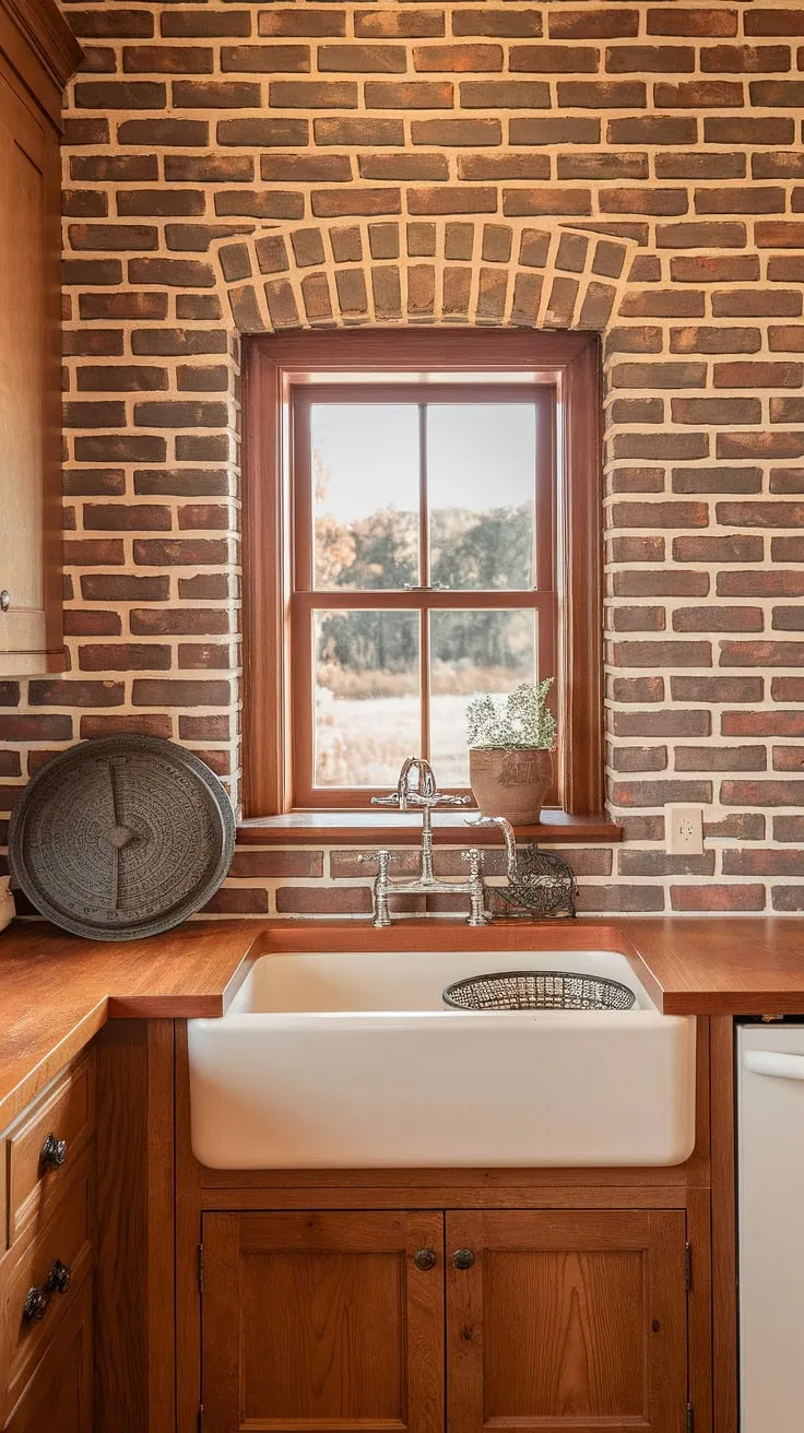 This kitchen is a testament to timeless design. The rich, reddish brick backsplash, reaching all the way to the ceiling, is a captivating focal point. Paired with the farmhouse sink and wooden cabinetry, it creates a warm and inviting atmosphere. The view from the window above the sink adds a touch of serenity, making this the perfect place to gather and create memories.