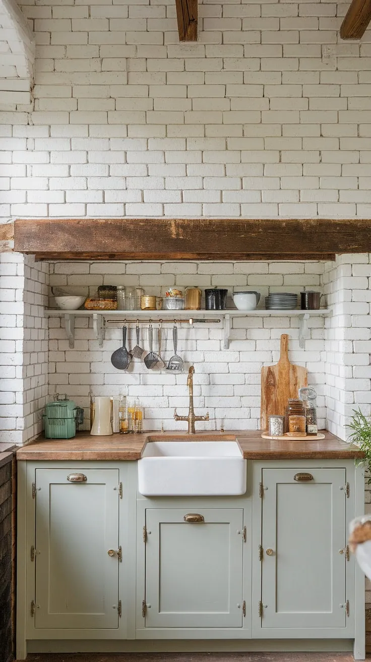 Sunlight streams into this idyllic farmhouse kitchen, highlighting the painted brick backsplash and rustic wooden beam. A space brimming with character, it's the heart of the home. A sanctuary of comfort, A testament to simple elegance, A kitchen filled with love.