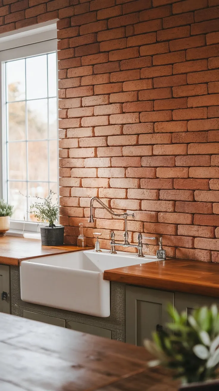Sunlight streams through the window, illuminating the warm, rustic charm of this farmhouse kitchen. The reddish brick backsplash adds a touch of character, perfectly complementing the wooden countertops and cabinetry. A simple potted plant adds a final touch of life to this cozy space. A sense of home is palpable here.