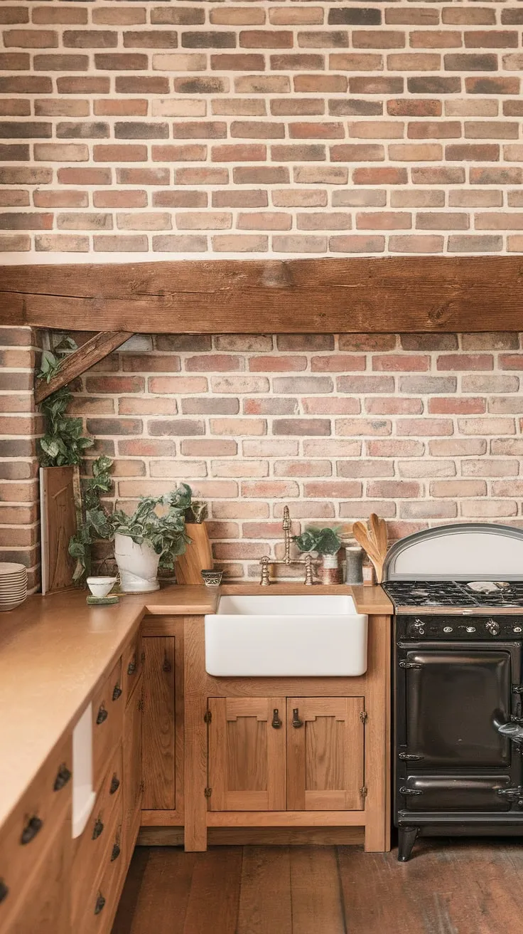 Rustic charm meets modern convenience in this farmhouse kitchen. The warm tones of the brick backsplash, wooden beams, and cabinetry create a cozy atmosphere, while the sleek white sink and black stove add a touch of contemporary style. A touch of greenery completes the inviting space.