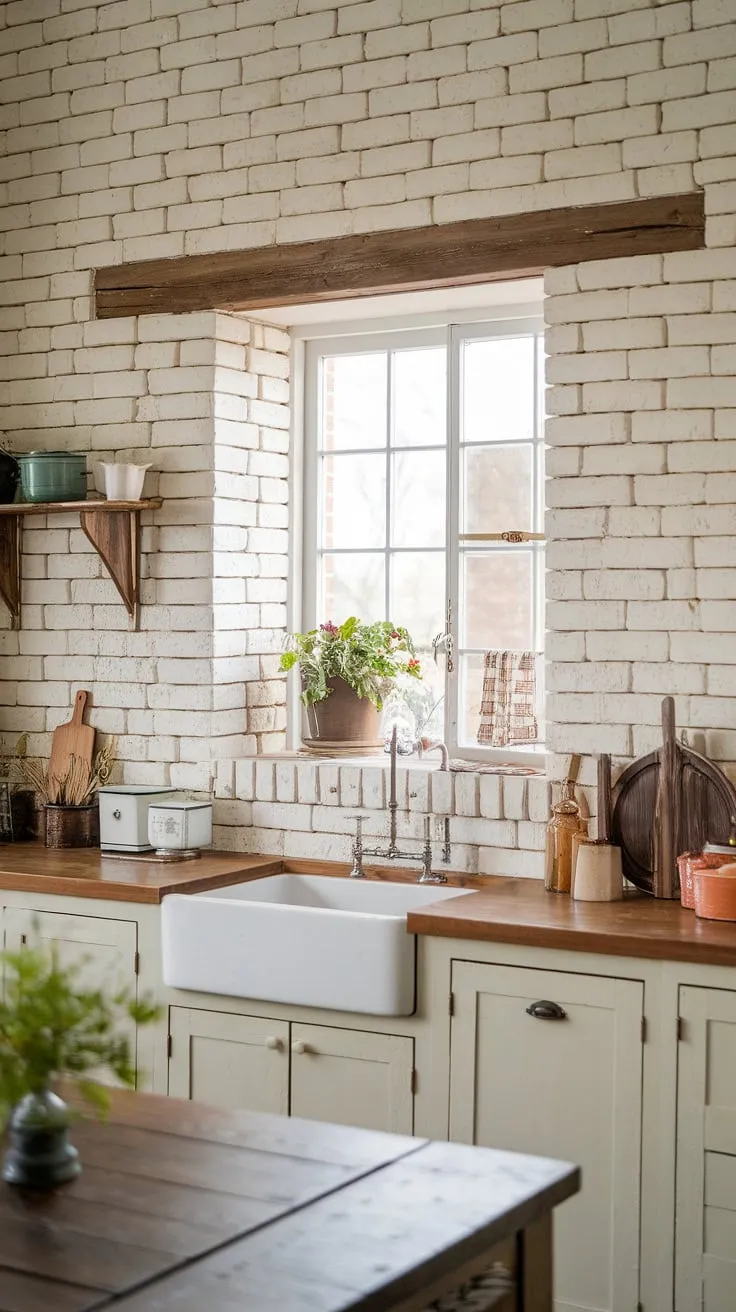Sunlight streams through the window, illuminating the charming details of this farmhouse kitchen. The whitewashed brick backsplash, a reclaimed wooden beam, and a vintage cast iron sink create a space brimming with rustic warmth and a timeless appeal.