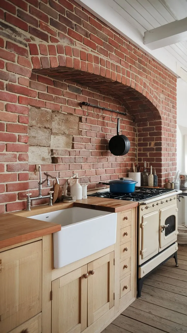 This kitchen's heart is its stunning red brick backsplash, a testament to enduring style. From countertop to ceiling, the warm tones of the brick contrast beautifully with the light wood floors and white sink, creating a balanced and inviting space. The vintage stove and hanging pot add to the homey feel, while the slightly imperfect brickwork speaks to the kitchen's rich history and character.