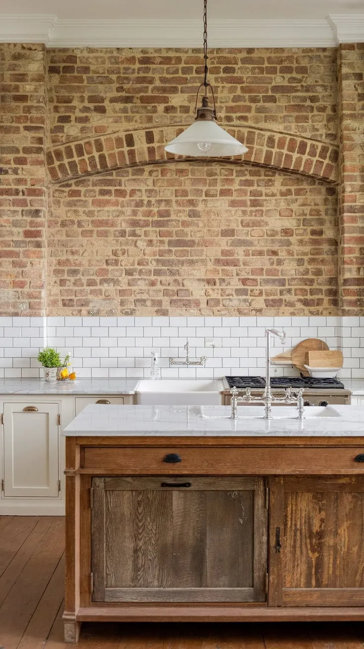 Rustic charm meets modern elegance in this farmhouse kitchen. The rich red brick backsplash, extending to the ceiling, creates a dramatic focal point, beautifully complemented by the white subway tile above and the warm wood floors. A stunning marble countertop island anchors the space, adding a touch of sophistication.