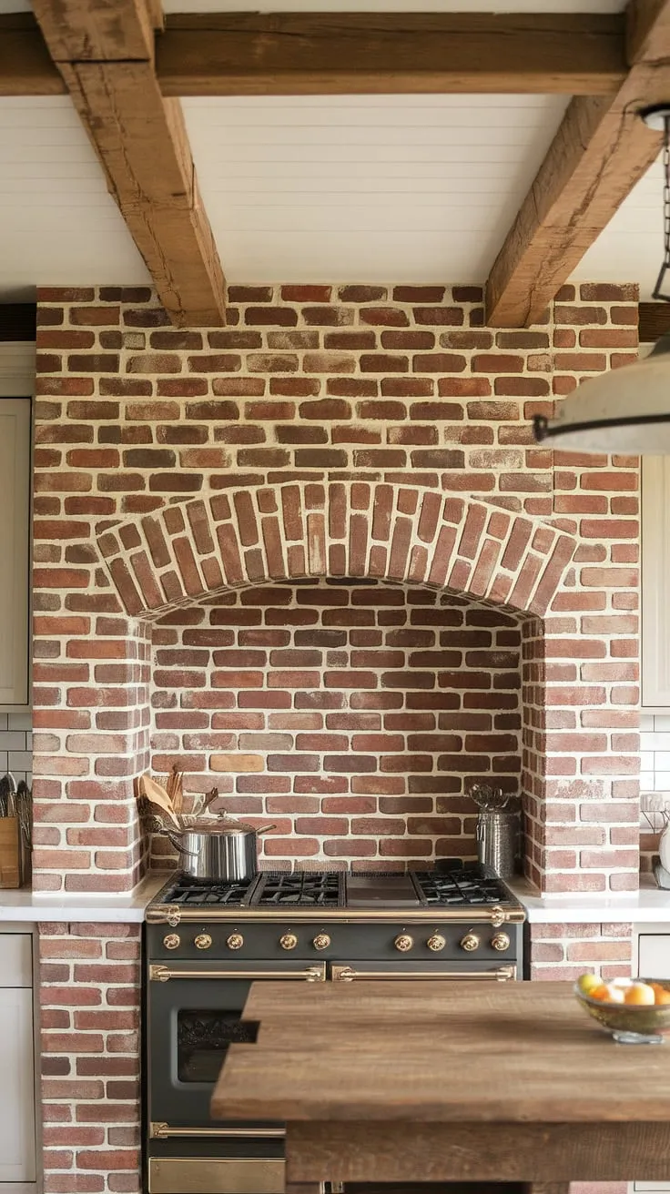 This farmhouse kitchen is a dream. The rich red brick backsplash, a stunning focal point, adds a layer of texture and warmth. A beautiful space where rustic meets refined, it's the heart of the home, a place for gathering and creating memories. A kitchen built for life.