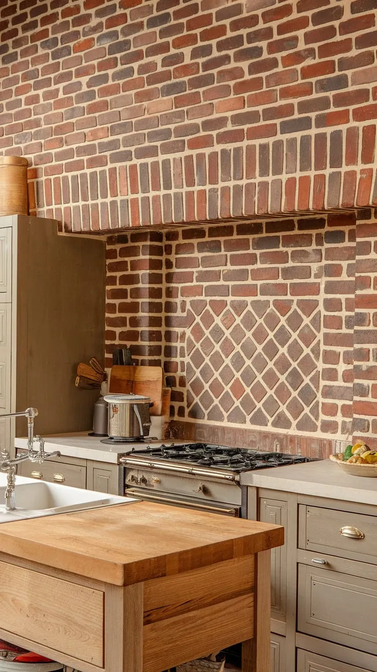 This kitchen's character speaks volumes. From the rich tones of the wood to the handcrafted details, every element, including the unique brick backsplash, contributes to its inviting and undeniably cozy atmosphere. A perfect blend of rustic charm and modern functionality.