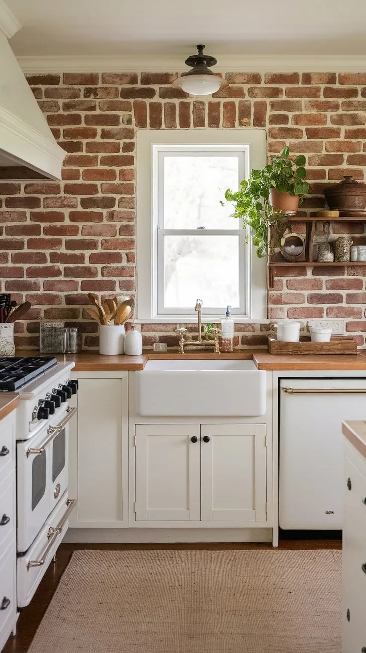 The warmth of the brick backsplash perfectly complements the farmhouse charm of this kitchen; a cozy space where memories are made, one home-cooked meal at a time. A testament to simple elegance and timeless design.