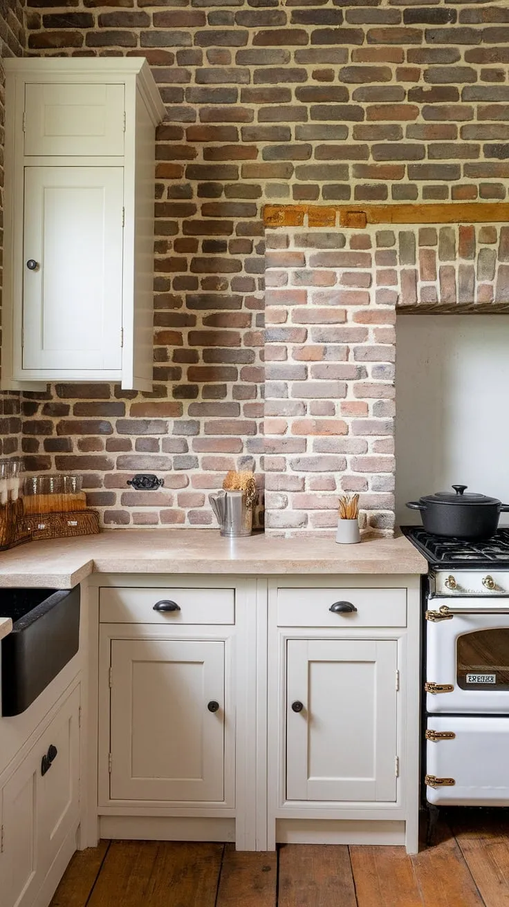 The heart of the home: a farmhouse kitchen brimming with character. A striking horizontal brick backsplash, reaching from countertop to ceiling, anchors the space, while the beige stone counters and white cabinets offer a clean contrast. The black sink and stove add a touch of modern elegance, creating a kitchen that's as beautiful as it is practical.