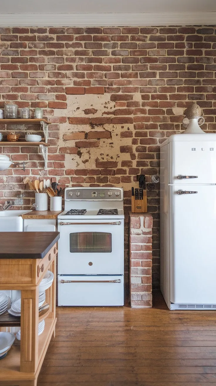 The warmth of a farmhouse kitchen, complete with a rustic brick backsplash, a worn wooden island, and the comforting hum of a white stove. This space whispers stories of generations past, a testament to enduring charm and simple living. A cozy haven where memories are made.