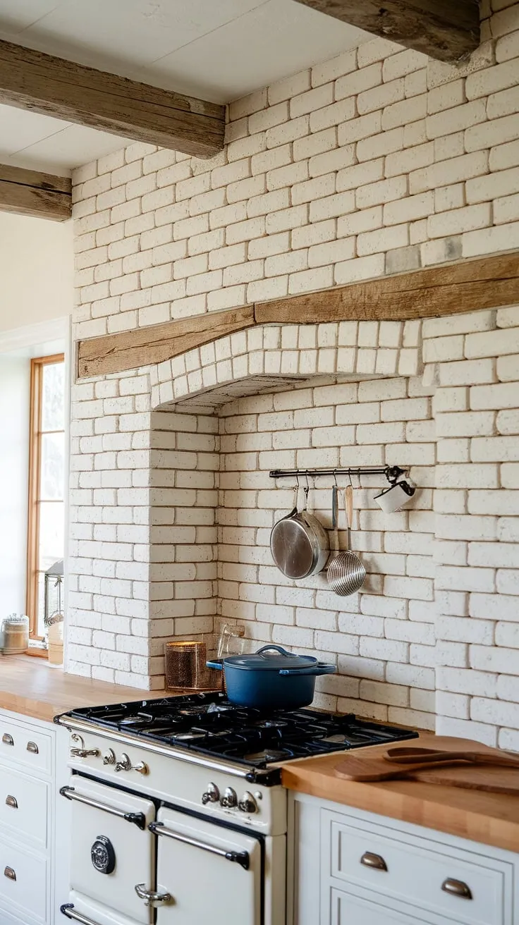 Rustic charm meets modern convenience in this farmhouse kitchen. The whitewashed brick backsplash, wooden beams, and butcher block countertops create a warm and inviting atmosphere, perfect for whipping up delicious meals. A simple pot hangs ready, adding to the cozy feel of this space.