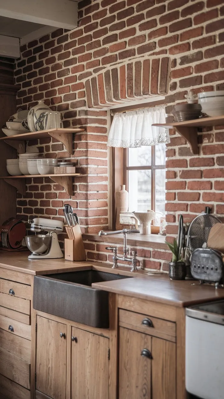 The warmth of a farmhouse kitchen, complete with a striking red brick backsplash that stretches from countertop to ceiling, is perfectly complemented by the vintage mixer and cast iron sink. A charming window above the sink, dressed with a simple curtain, lets in the perfect amount of natural light, creating a space that feels both rustic and inviting. This is where memories are made.