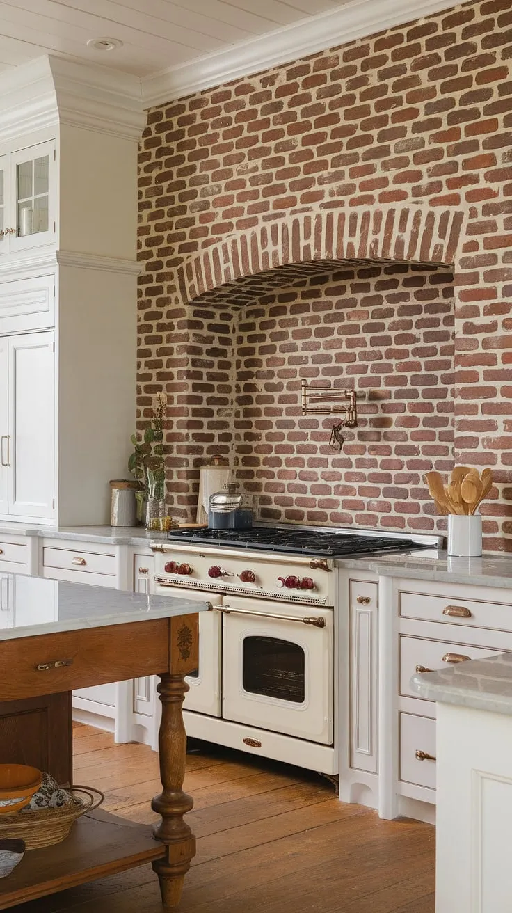 This kitchen is a dream come true. The rich red brick backsplash, a stunning focal point, is beautifully offset by the crisp white cabinets and the warm wood flooring. A testament to timeless design, this space effortlessly combines rustic charm with contemporary appeal.