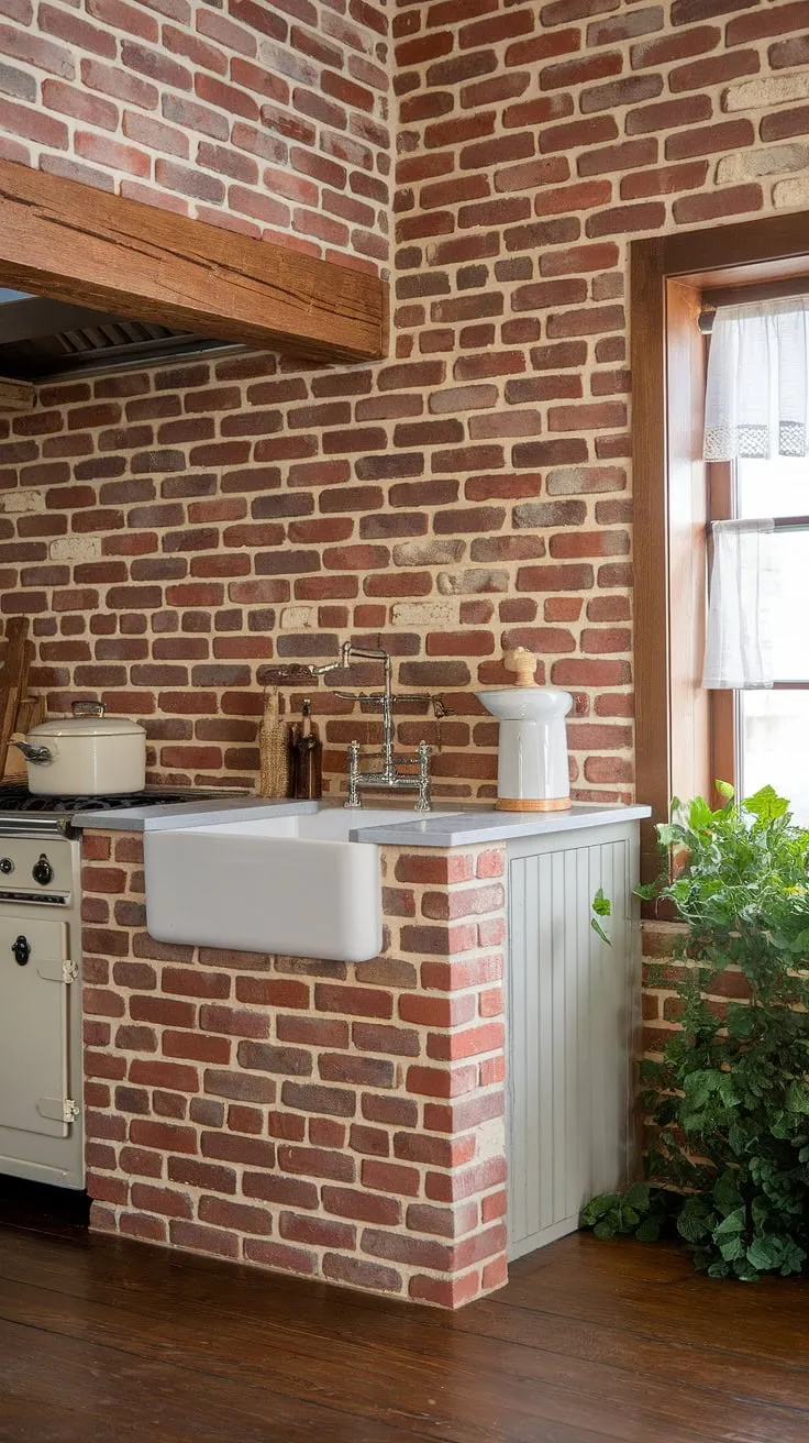 Sunlight streams through the window, illuminating the heart of this farmhouse kitchen. A simple elegance shines through in the details: the textured brick, the dark wood floors, and the carefully chosen accents. A space designed for gathering and creating memories.