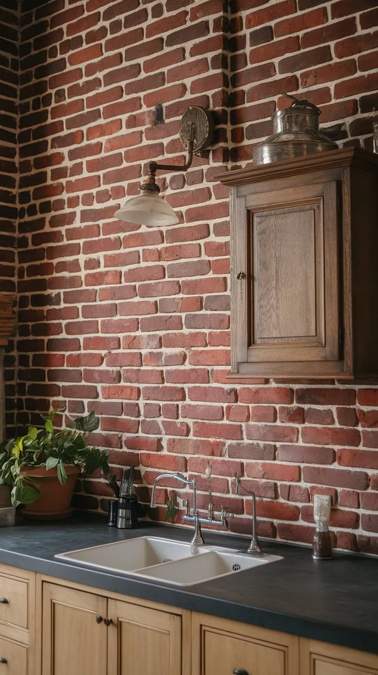 This kitchen's rich textures and colors tell a story. The deep red brick, reaching all the way to the ceiling, is a stunning backdrop to the dark countertops and vintage details. A simple potted plant adds a touch of life to this beautifully crafted space.