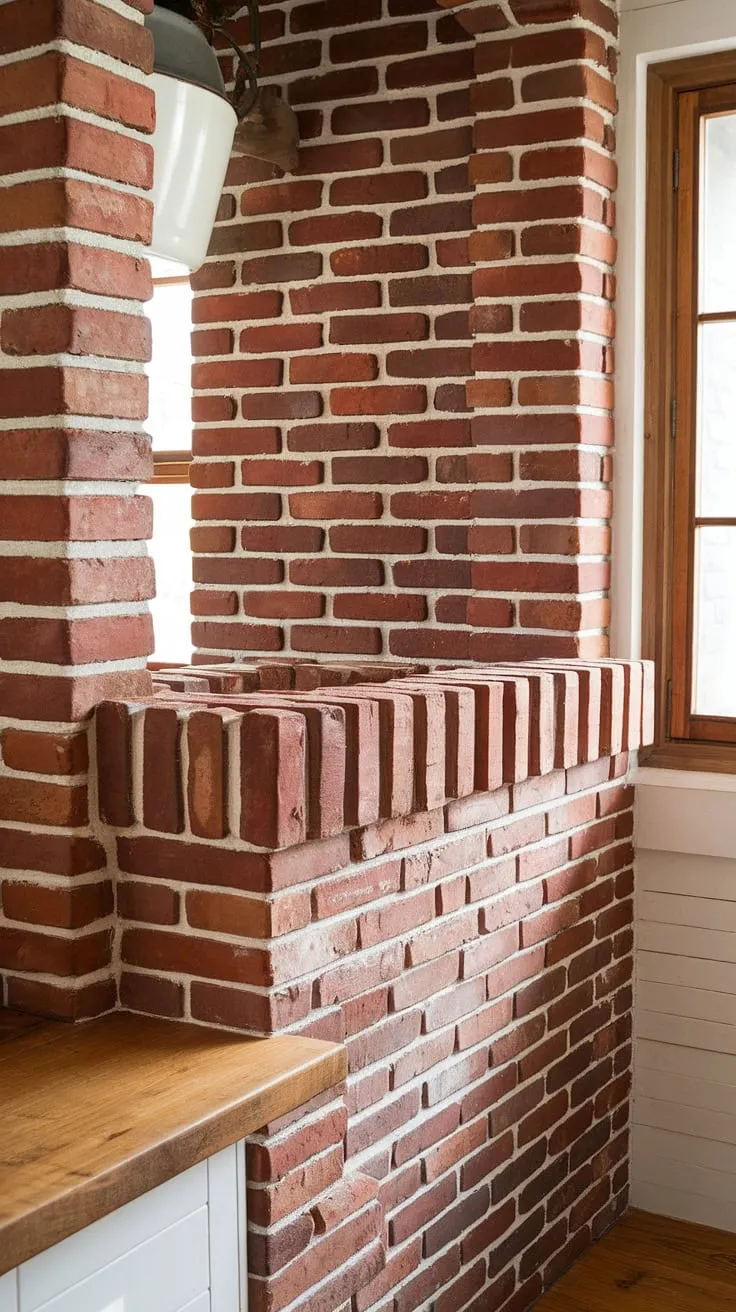 This farmhouse kitchen's exposed brick backsplash, a striking vertical arrangement of rich red tones, is the undeniable focal point. The brick's rustic texture, extending onto the wooden countertop, creates a unique and functional barrier. A hanging pot and the soft light filtering through the wooden-framed window complete this inviting space.