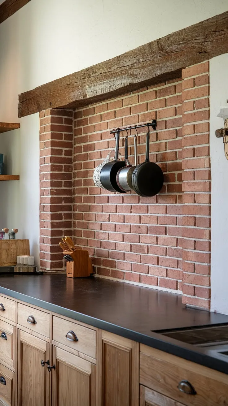 This kitchen's heart is its stunning brick backsplash. The horizontal red brick layout creates a captivating focal point, beautifully complemented by the rich wood cabinetry and dark countertops. A testament to the enduring appeal of farmhouse style, this space is both functional and aesthetically pleasing. The simple wooden beam and hanging pot rack add to the overall rustic charm.