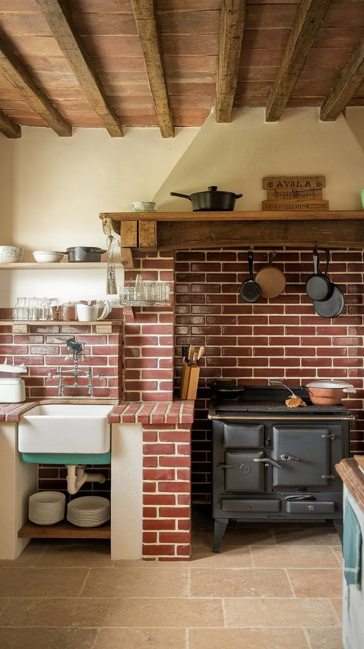 Rustic charm meets modern comfort in this farmhouse kitchen. The striking red brick backsplash, extending from floor to ceiling, creates a dramatic focal point, perfectly complemented by the vintage sink and cast iron stove. A testament to enduring style and timeless appeal.