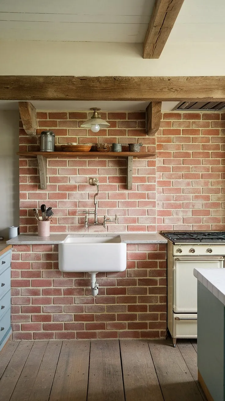 The heart of this farmhouse, a kitchen brimming with rustic charm. The aged red brick backsplash, a testament to time and warmth, anchors the space, its vertical lines drawing the eye upwards to the exposed wooden beam. A perfect blend of old-world character and modern comfort.