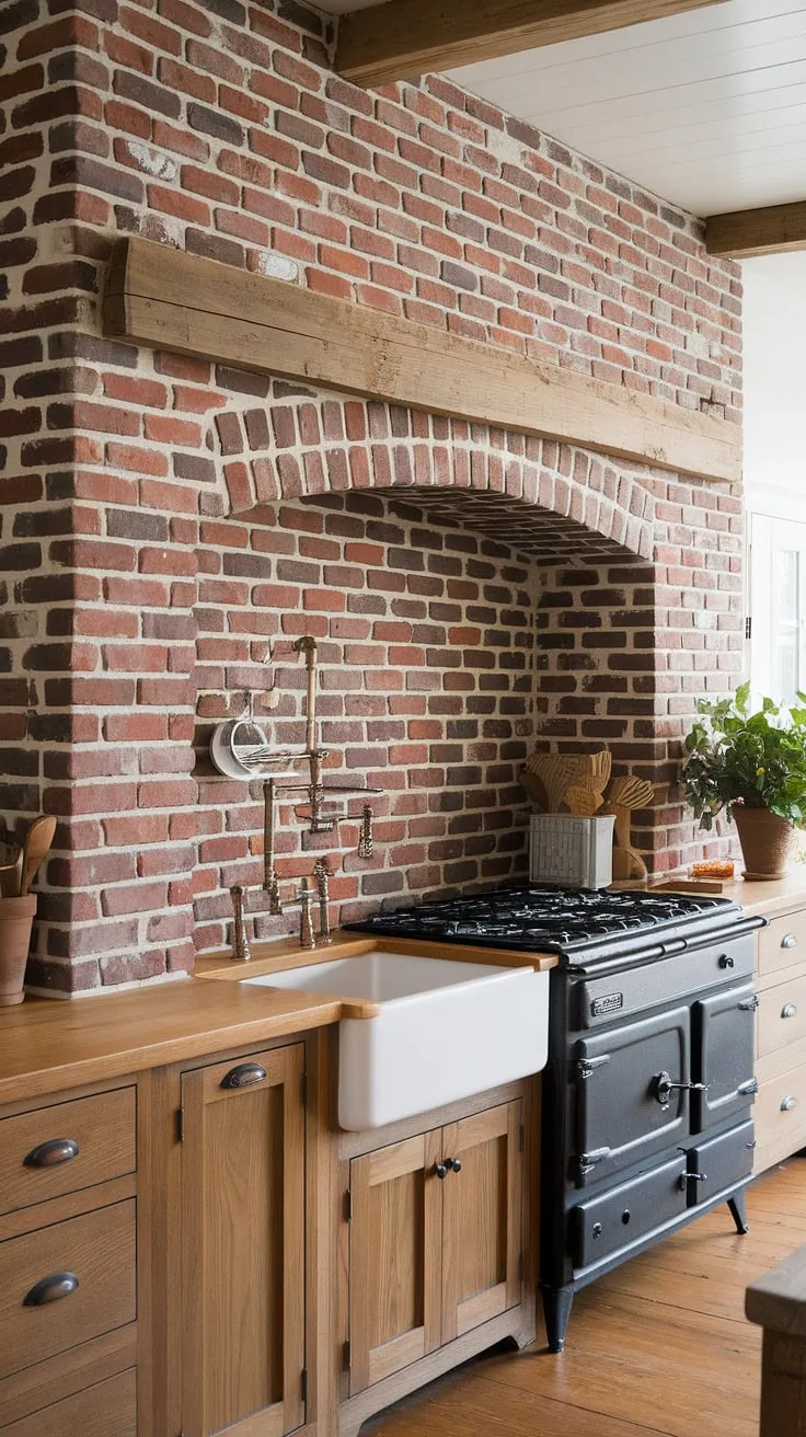 Rustic charm meets modern convenience in this farmhouse kitchen. The red brick backsplash, extending all the way to the ceiling, creates a stunning focal point, while the wooden beams and farmhouse sink add to the homey atmosphere. A perfect blend of old-world craftsmanship and contemporary living.