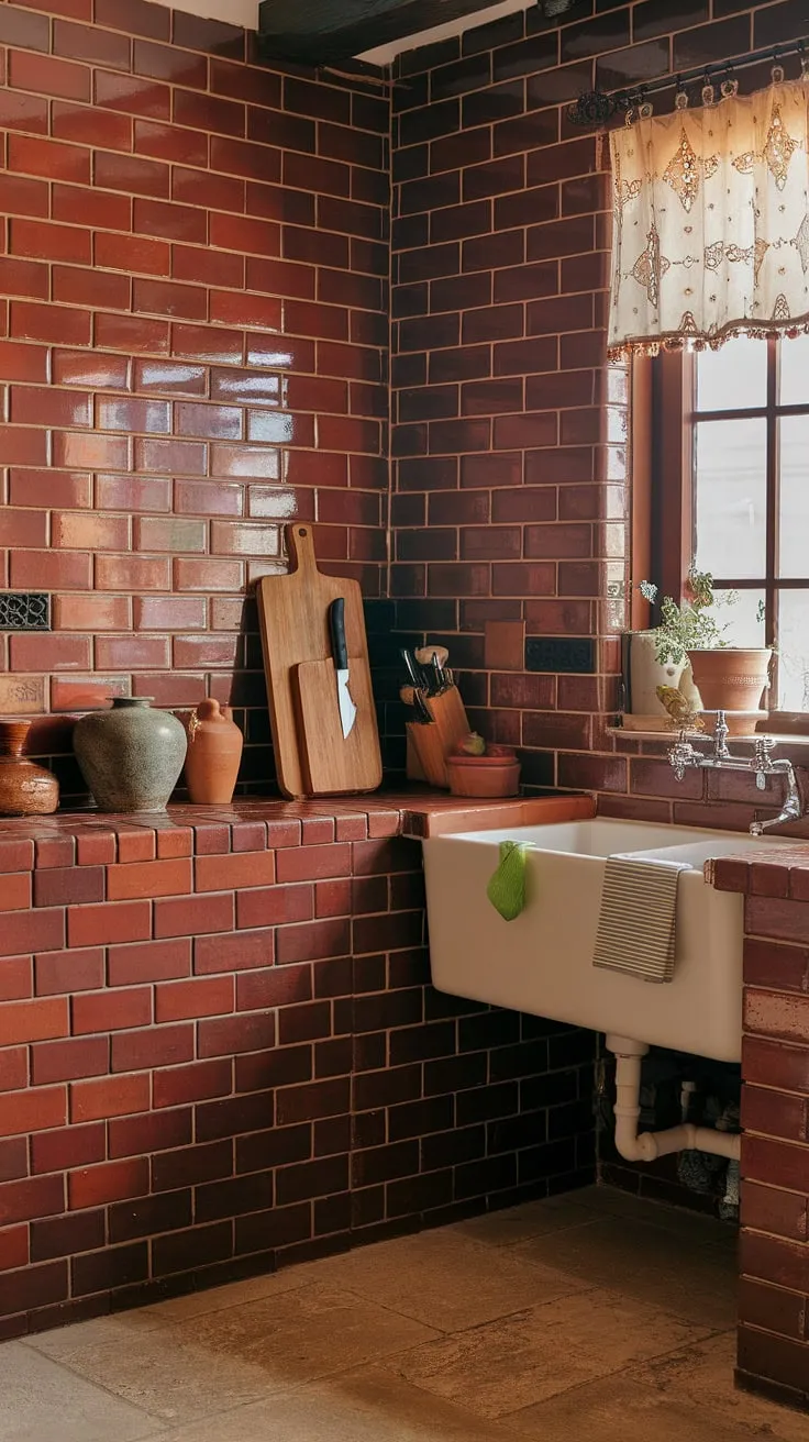 Sunlight streams through the patterned window, illuminating the heart of this home: a brick-walled kitchen, a haven of warmth and functionality. The simple details, from the green sponge to the potted plant, speak to a life lived comfortably and beautifully.