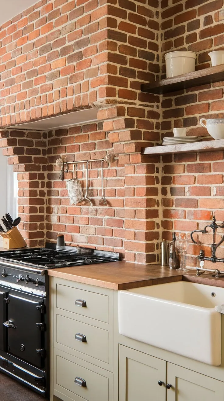 Rustic charm meets modern convenience in this farmhouse kitchen. The exposed brick backsplash, extending from countertop to cabinets, adds warmth and character, perfectly complementing the sleek black stove and crisp white sink. A testament to thoughtful design, this space effortlessly blends old-world appeal with contemporary functionality.