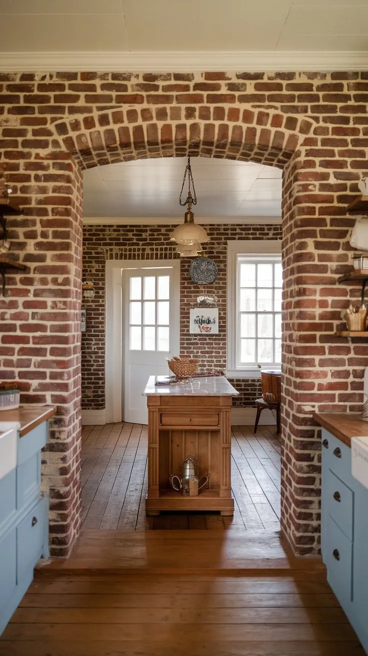 Rustic charm meets modern comfort in this farmhouse kitchen. The exposed brick, from floor to ceiling, creates a warm and inviting atmosphere, perfectly complemented by the wooden island and marble countertop. A vintage light fixture adds a touch of elegance, while the wooden floors and natural light complete the idyllic setting. This space is a testament to the enduring appeal of a classic design.