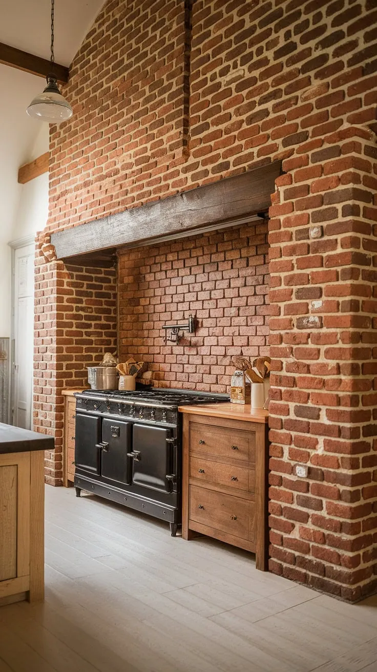 This farmhouse kitchen's exposed brick, a rich, red hue, is a stunning focal point. The black stove and wooden cabinetry add a touch of rustic elegance, creating a space that's both beautiful and functional.
