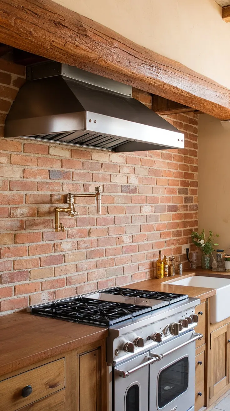 The warmth of the brick backsplash, the sturdy wooden beam overhead, and the gleam of stainless steel create a kitchen that's both rustic and refined. A perfect blend of old-world charm and modern convenience. A testament to timeless design.