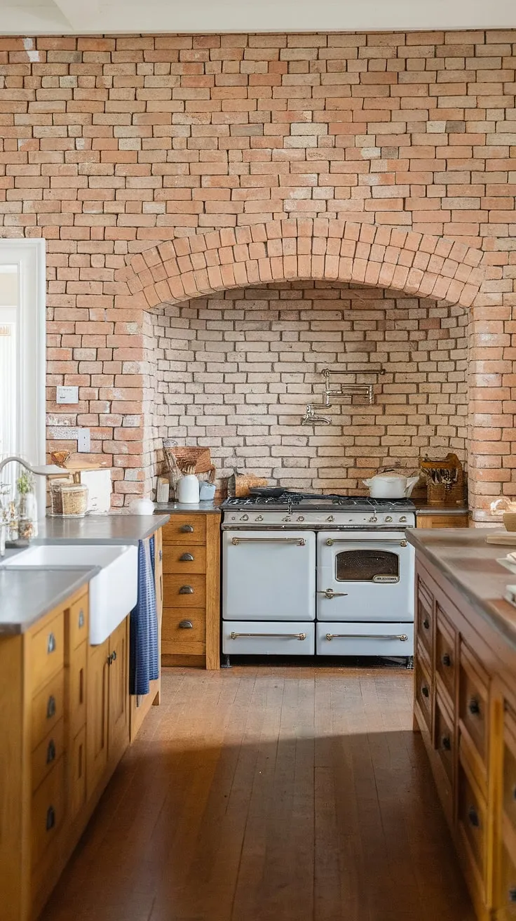 Rustic charm meets modern convenience in this farmhouse kitchen. The warm, reddish brick backsplash adds a touch of character, perfectly complementing the wooden cabinets and island, creating a space that's both inviting and functional. A perfect blend of old-world appeal and contemporary design.