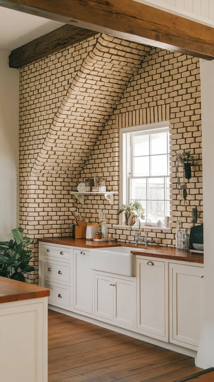The warmth of this farmhouse kitchen, with its brick backsplash extending to the ceiling, is undeniable. The diagonal brick pattern adds a unique touch, perfectly complementing the white cabinets and wooden beams. A simple yet elegant space, full of rustic charm.