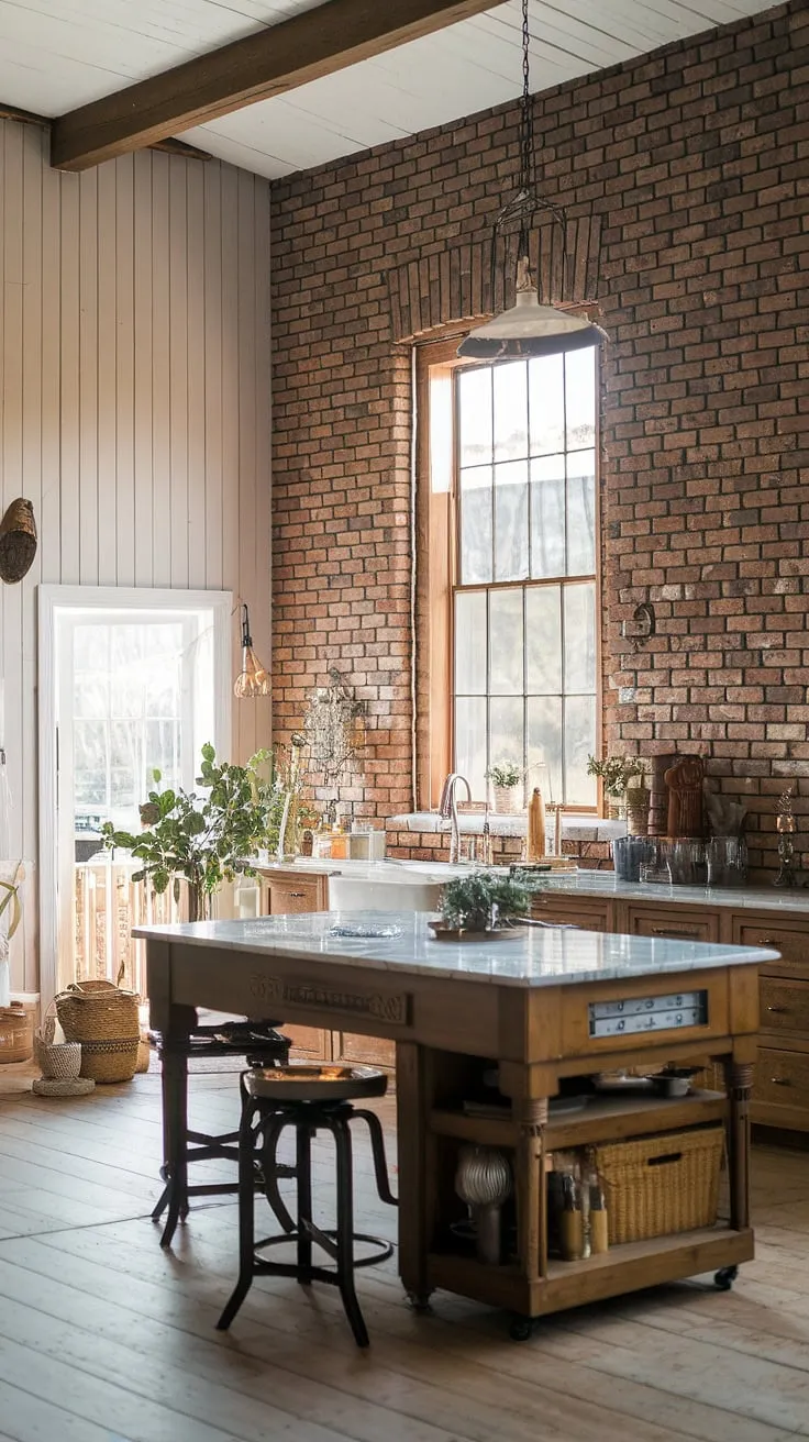 Sunlight dances off the rich red brick backsplash in this inviting farmhouse kitchen. The warmth of the wood paneling and the cool elegance of the marble island create a perfect balance. Every detail, from the vintage light fixture to the potted plant nestled in the corner, speaks to a curated and lived-in space, reflecting the timeless beauty of a simple yet sophisticated design.