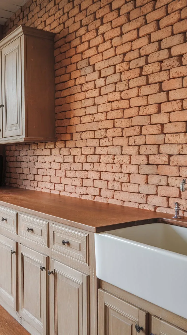 This kitchen's charm is undeniable. The uneven texture of the reddish brick backsplash adds character, while the wooden countertops and floors create a warm and inviting atmosphere. A perfect blend of rustic elegance and modern functionality. A dream space for any home cook.