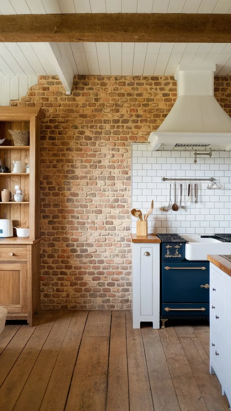 This kitchen is a testament to the beauty of blending old and new. The rich, reddish-orange brick backsplash, a a stunning focal point, is perfectly balanced by the clean lines of the white cabinetry and farmhouse sink, creating a truly captivating space.