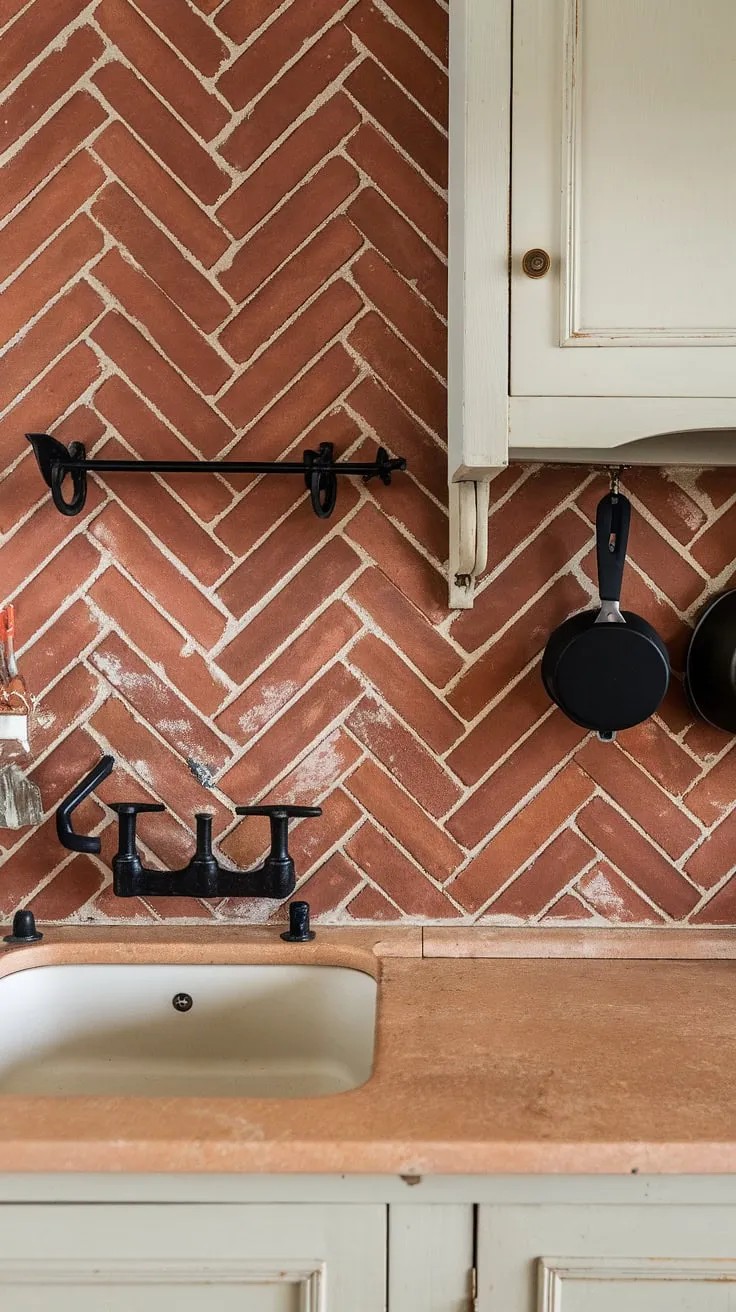 A cozy haven where culinary adventures unfold. This kitchen's heart is its stunning red brick herringbone backsplash-a beautiful blend of rustic texture and timeless appeal. The beige marble countertops and white cabinetry create a balanced aesthetic, while the practical black pot rack adds a touch of industrial chic. A space that feels both lived-in and luxurious.