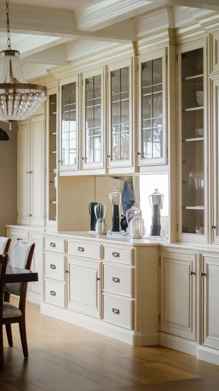 This stunning dining room boasts exquisite built-in cabinetry, showcasing a custom-designed buffet with ample drawers and doors, complemented by glass-fronted upper cabinets. The built-in dining room furniture provides abundant storage, maximizing space and creating a cohesive, elegant design. The rich wood floors and chandelier add to the overall sophistication of this dining room with built-in storage, a true testament to the beauty of built-in dining room furniture.