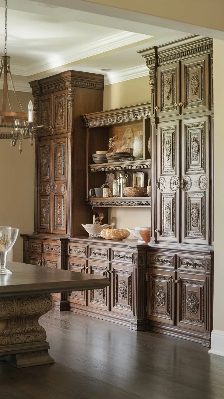 The rich, dark wood of the built-in dining room furniture commands attention in this sophisticated dining room. The built-in cabinets and built-in buffet dining room design offer both exquisite style and practical built-in dining room storage. This dining room with built-in storage is a testament to the elegance of built-in cabinetry dining room design, perfectly complemented by the warm tones of the walls and floors.