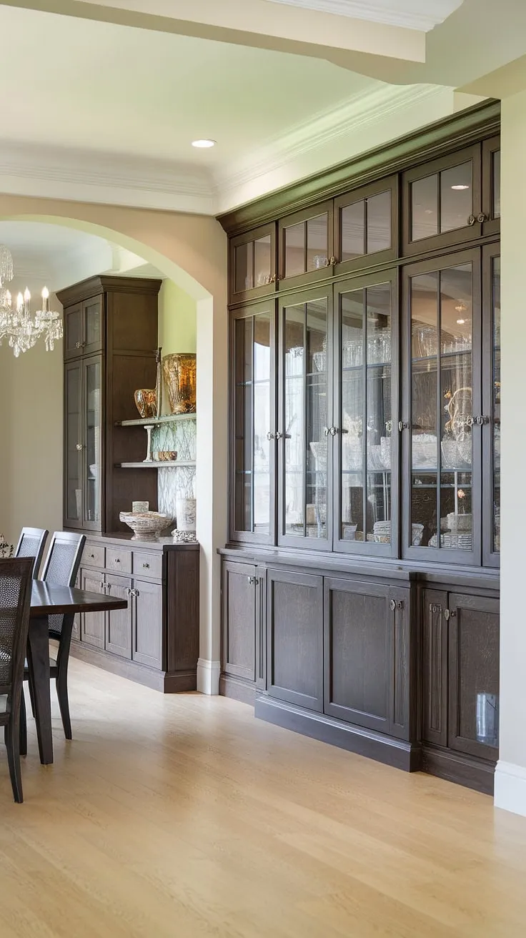 Warm, neutral tones and elegant dark wood define this dining room, showcasing the beauty of custom built-ins. The built-in cabinetry dining room offers ample storage, seamlessly integrating a built-in buffet dining room and built-in dining room furniture for a sophisticated and functional space. The built in dining room design maximizes space and creates a cohesive, luxurious feel.