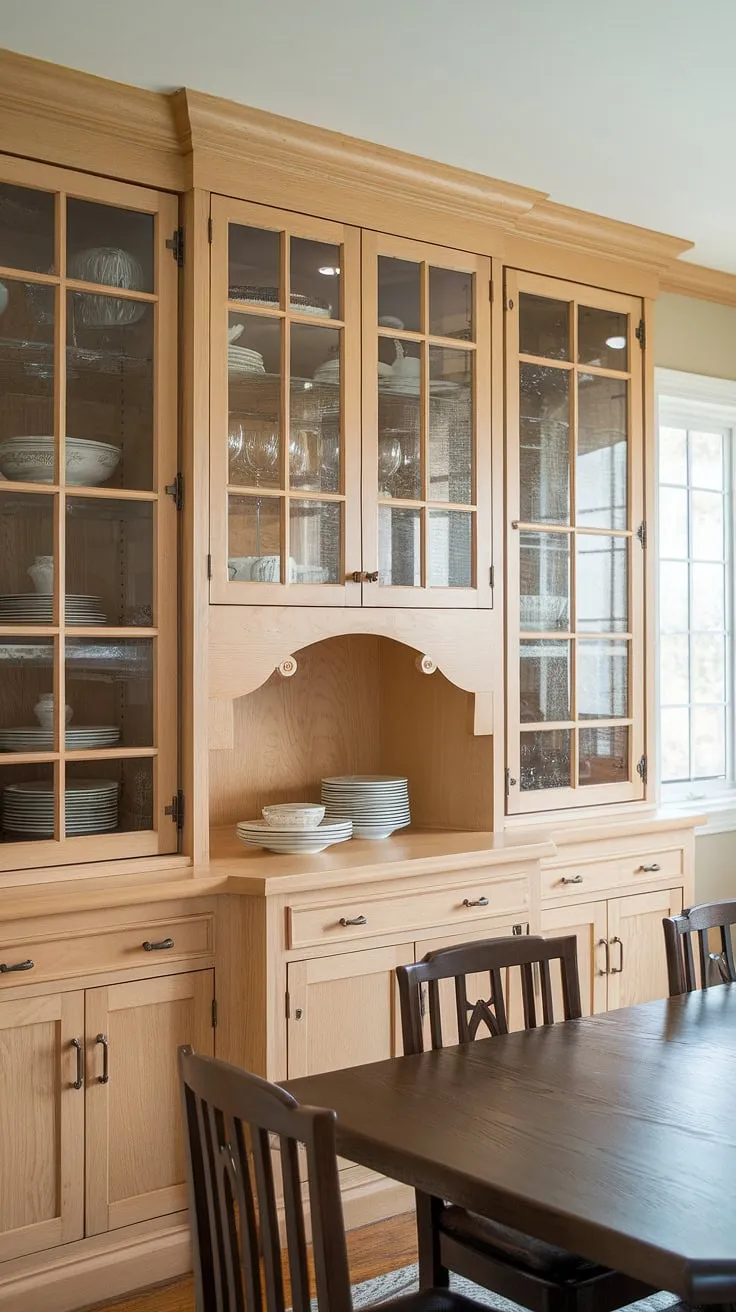 Sunlight streams into this charming dining room, highlighting the elegant built-in cabinetry and custom-built buffet. The light-toned wood of the built-in dining room furniture perfectly complements the dark wood dining table and chairs, creating a warm and inviting atmosphere. The ample built-in cabinets provide generous built-in dining room storage, showcasing a lovely collection of dishes behind glass doors. This dining room with built-in storage is a testament to thoughtful design and efficient use of space.