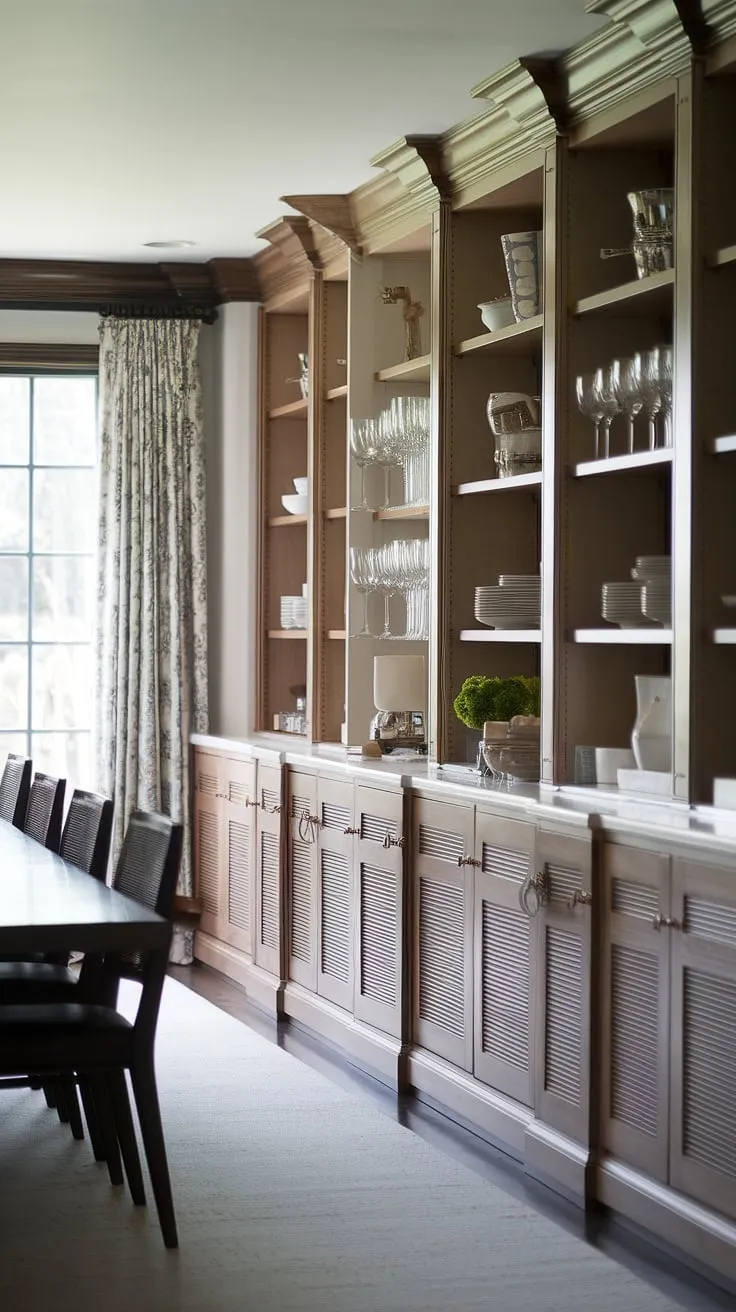 This dining room with built-in storage boasts stunning built-in cabinets dining room and built-in dining room furniture, creating a sophisticated and practical space. The built in cabinetry dining room is a true masterpiece.