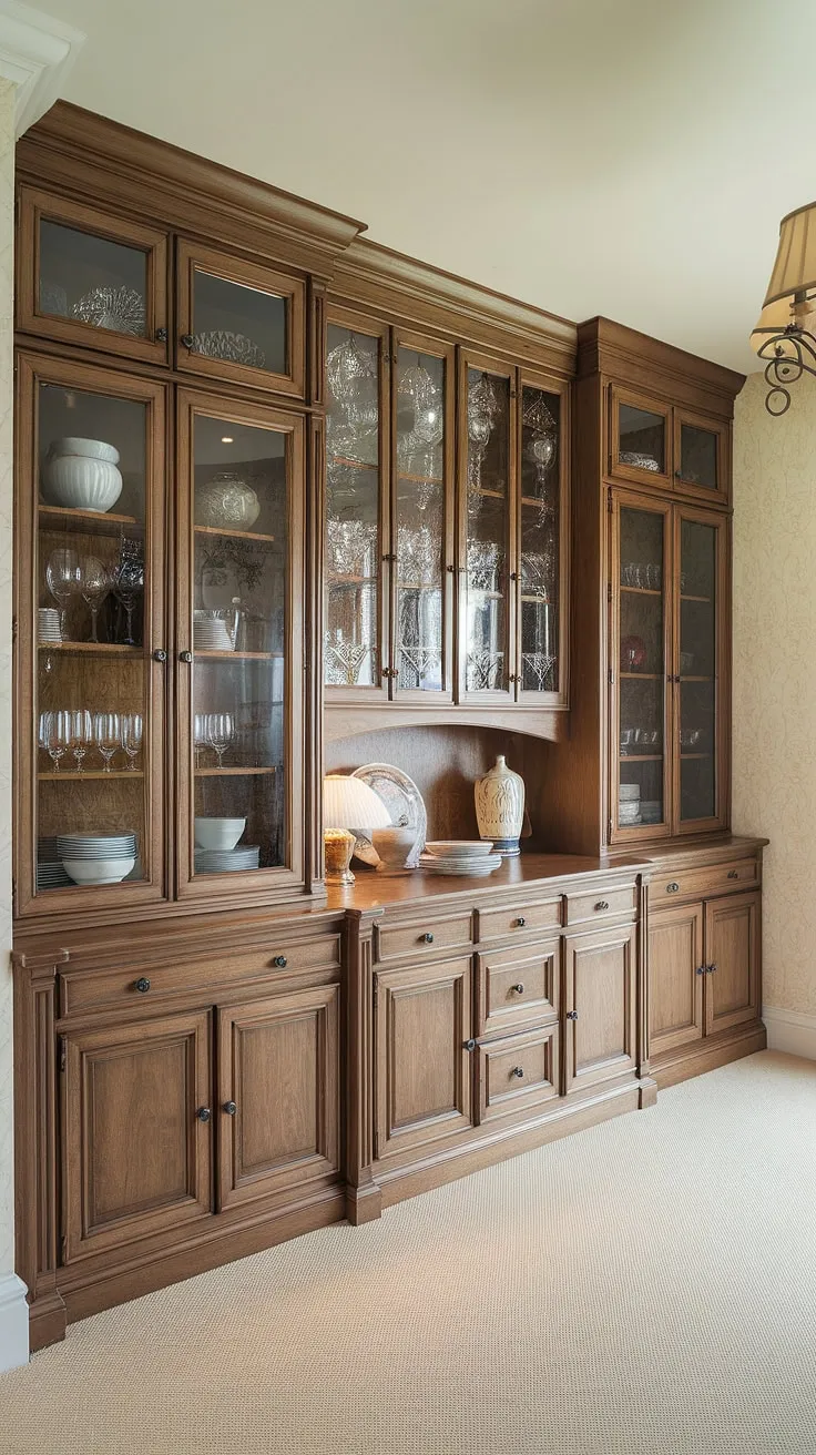 Elegant dining room design featuring custom built-in cabinetry, showcasing ample built-in storage and a stunning built-in buffet. The dark wood built-in cabinets and built-in dining room furniture create a sophisticated atmosphere, complemented by the light patterned walls and beige carpet. The glass-fronted cabinets display fine china and glassware, adding a touch of personalized charm to this built in dining room.