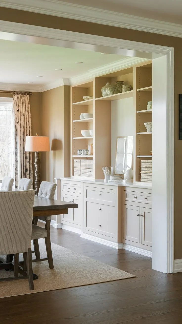 This stunning built-in dining room boasts exquisite built-in cabinetry dining room features, including a spacious built-in buffet dining room unit. The rich dark wood floors complement the beige walls, creating a warm and inviting atmosphere. The dining room built ins provide abundant storage, while the custom design elevates the space. This is the epitome of built-in dining room furniture, offering both practicality and sophisticated style in a dining room with built-in storage.