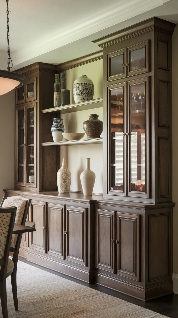 This stunning dining room boasts exquisite built-in cabinetry, seamlessly integrating form and function. The custom-built buffet and glass-fronted cabinets offer ample built-in storage, while the dark wood built-in dining room furniture adds a touch of sophisticated elegance. The carefully curated decorative items atop the built-in cabinets complete the look, creating a truly inviting and stylish dining room with built-in storage.