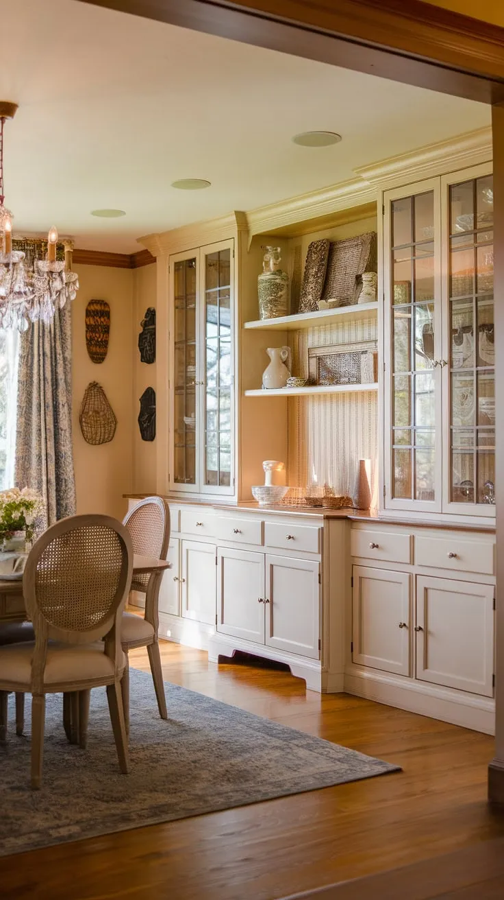 This dream dining room with built-in storage showcases the beauty of built-in dining room furniture. The built in dining room cabinets and built in buffet dining room create a sophisticated ambiance, perfectly complemented by the dining room custom built ins.