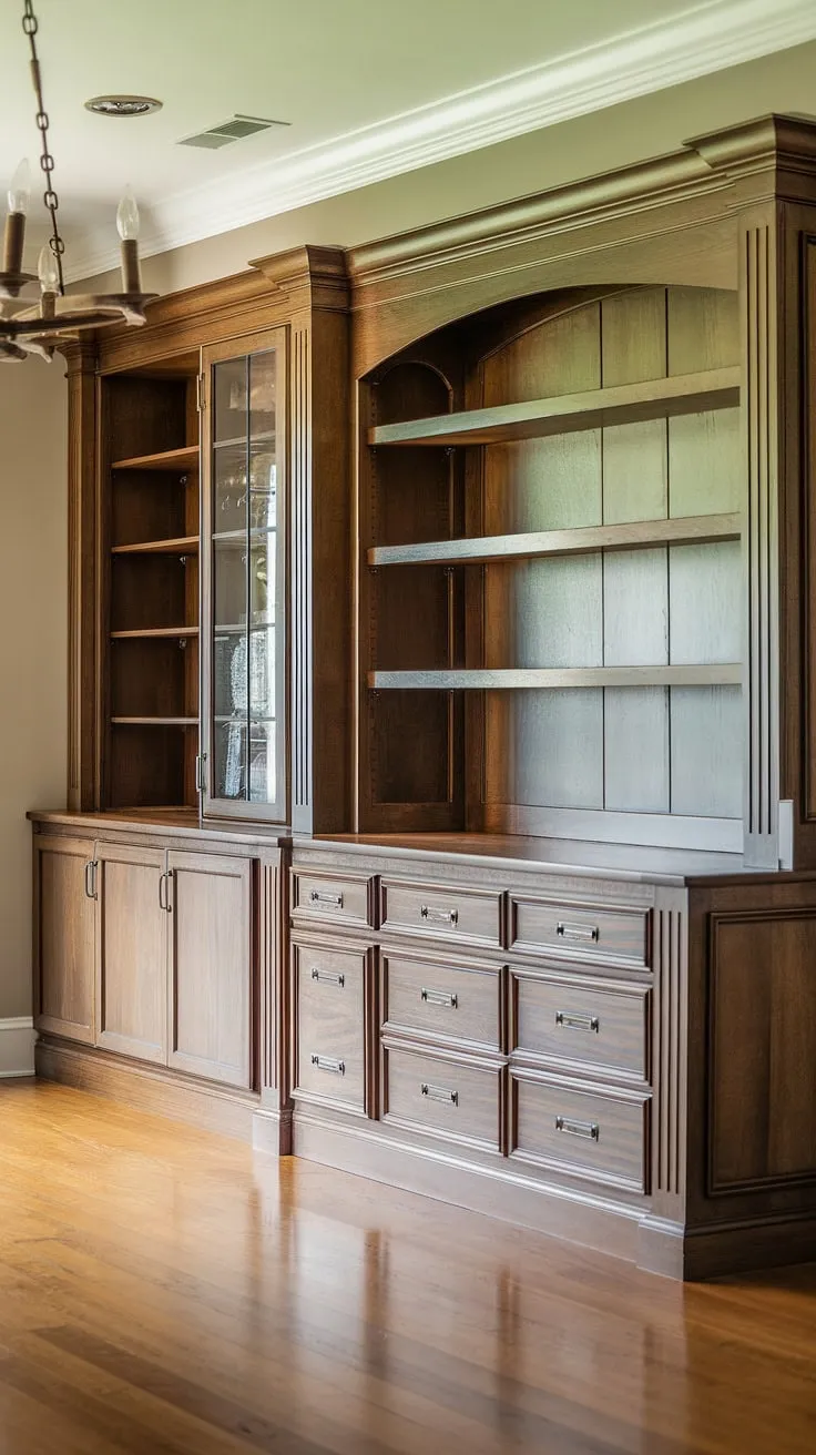 The rich, dark wood of this built-in buffet dining room is a focal point, offering abundant storage in its multiple shelves and drawers. This built in dining room features expertly crafted dining room custom built ins, including a nearby built-in cabinet with glass doors for showcasing cherished items. The built in dining room furniture seamlessly integrates with the hardwood floors and elegant chandelier, creating a sophisticated and functional space. This dining room with built-in storage is a prime example of how built in cabinetry dining room solutions can enhance both style and practicality.