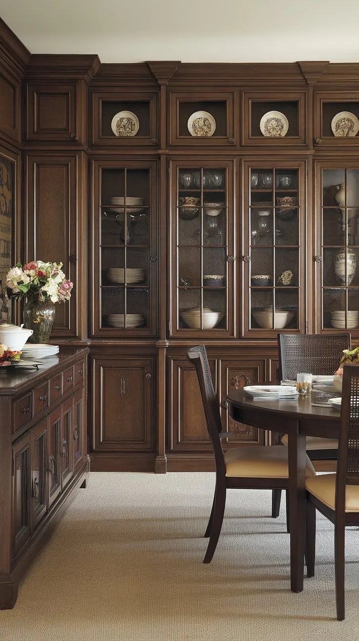 Effortless elegance in this built-in dining room, showcasing custom-built cabinetry and a stunning built-in buffet. The perfect blend of style and storage.
