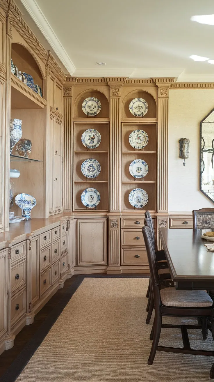 This stunning dining room boasts elegant built-in cabinetry, showcasing a beautiful light wood finish and decorative plates. The custom built-ins, including a spacious built-in buffet dining room piece, offer ample built-in dining room storage. A dark wood dining table and chairs anchor the space, perfectly complemented by the beige rug and decorative mirror. The built-in dining room furniture creates a cohesive and sophisticated atmosphere.