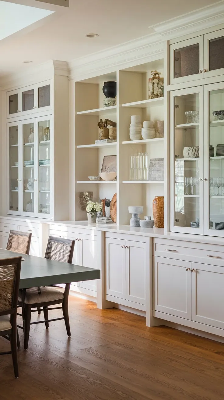 This stunning built-in dining room boasts elegant custom cabinetry, creating a seamless and sophisticated space. The built-in buffet dining room design maximizes storage with glass-fronted built-in cabinets dining room showcasing fine china and glassware. The dining room custom built-ins, including upper shelves, provide ample room for both display and storage, while the rich wood flooring complements the built-in cabinetry dining room's refined aesthetic. This dining room with built-in storage is the epitome of functional luxury, showcasing the best in dining room built-ins and built-in dining room furniture.