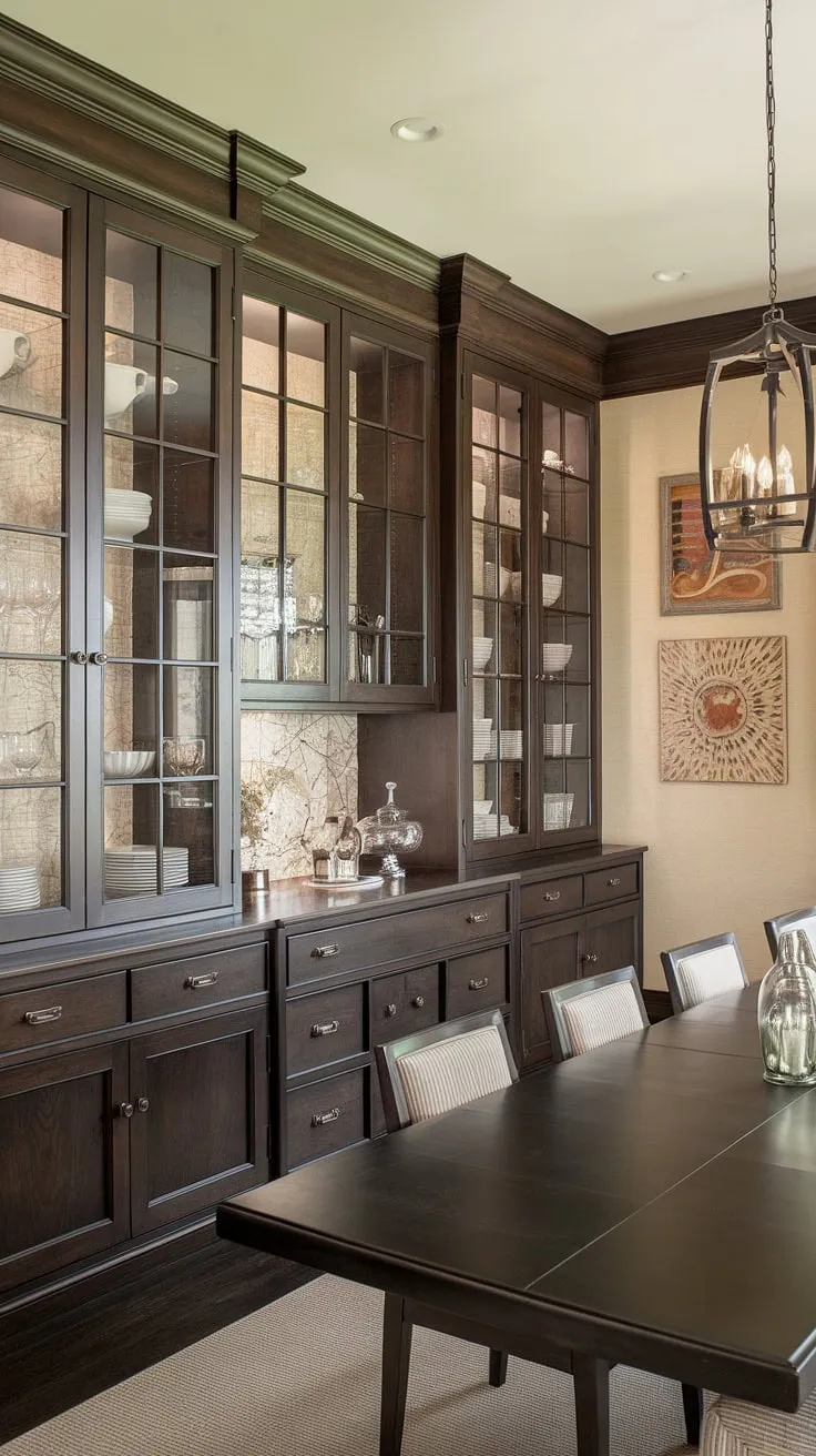 Warm, inviting, and effortlessly elegant, this dining room showcases the beauty of custom-built cabinetry. The rich dark wood of the built-in dining room furniture, including the stunning built-in buffet dining room piece and built-in cabinets dining room storage, creates a sophisticated ambiance. The dining room with built-in storage offers both style and practicality, while the built-in cabinetry dining room design maximizes space and functionality. A chandelier adds a touch of glamour above the long dining table.