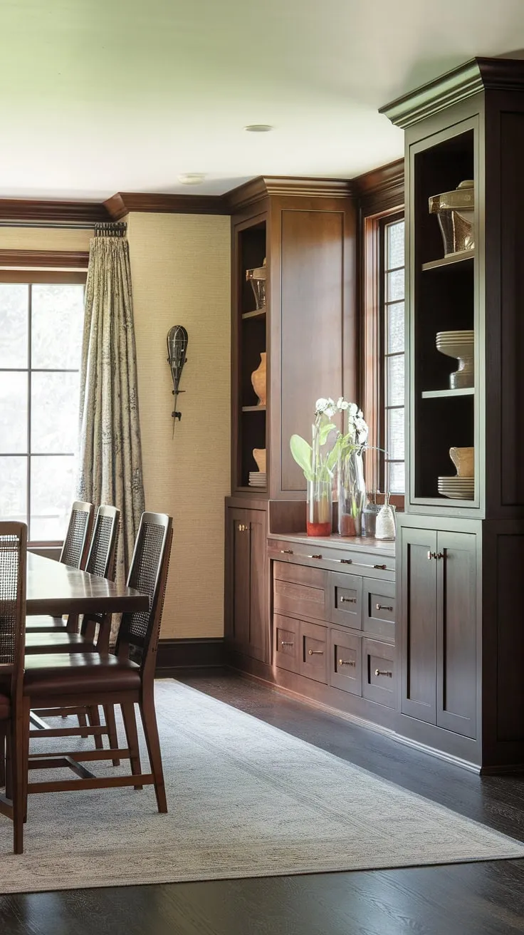 This dining room with built-in storage is a dream come true. The built-in cabinets dining room and built-in dining room furniture create a cohesive and sophisticated space.