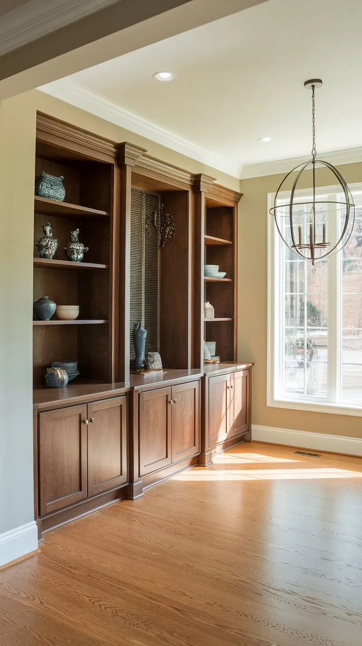 This dining room with built-in storage boasts stunning built-in dining room furniture. The dark wood built-in cabinets dining room provides both beauty and practicality, showcasing a carefully curated collection of decorative items. The built in dining room design, complete with a charming chandelier and large window, creates a welcoming and elegant atmosphere. These dining room custom built-ins are the perfect blend of form and function, maximizing space in this beautiful built in buffet dining room.