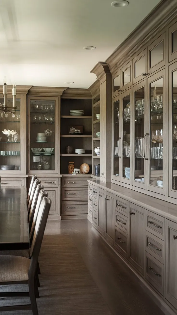 This stunning dining room boasts exquisite custom built-ins, seamlessly integrating built-in cabinetry dining room storage and a built-in buffet dining room piece. The rich dark wood tones create a warm ambiance, complemented by the elegant chandelier and the ample built-in cabinets dining room storage showcasing fine china and glassware. The built in dining room furniture provides both functionality and style, making this a truly special space.